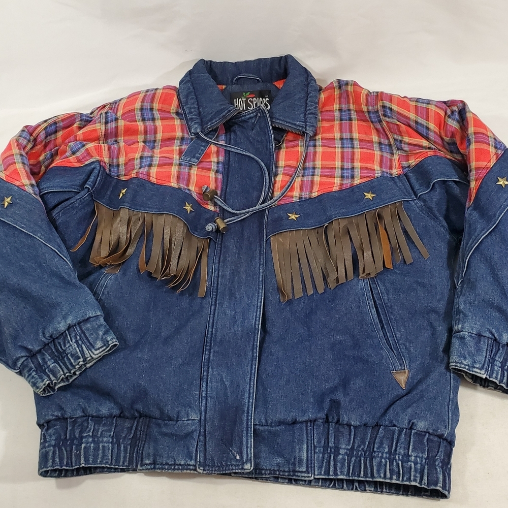 Rare Vtg 80s Western Blue Denim Heavy Jean Jacket Hot Spices Women's Small 48"